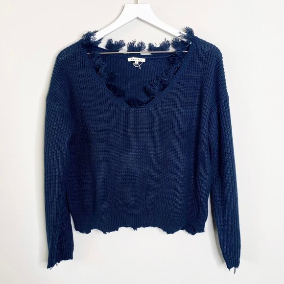 Bae Vely Distressed Fray Hem Navy Blue Sweater - Picture 1 of 3